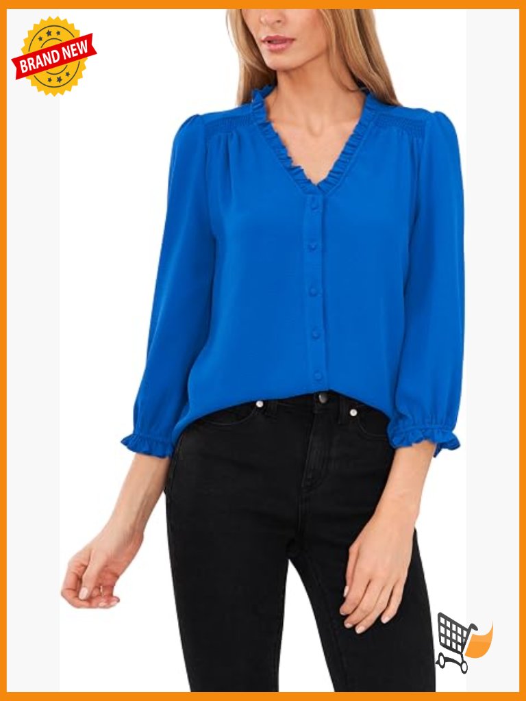 3/4 Sleeve V-Neck Button Up Blouse - Solid - Regular Fit - Machine Washable